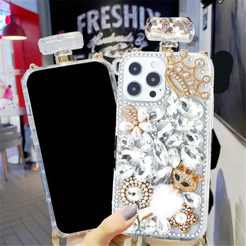 Rhinestone Perfume Bottle Case iPhone Bling Diamond Crystal Phone Cover iPhone 14 13 16 15 Pro Max 16Plus