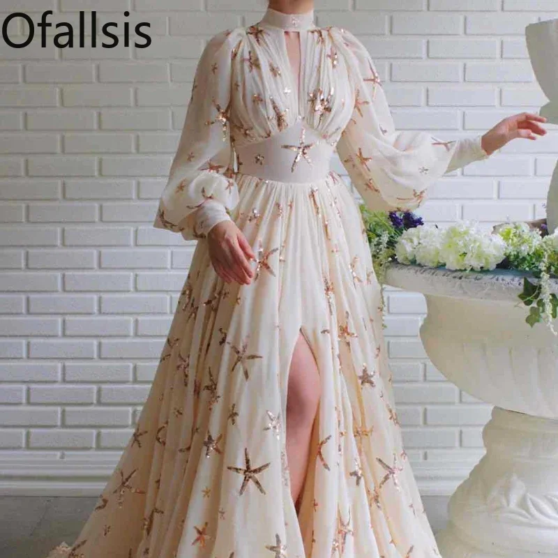 

Женское шифоновое платье с блестками Ofallsis, приталенное платье с высоким воротником, разрезом и рукавами-фонариками, осень 2023
