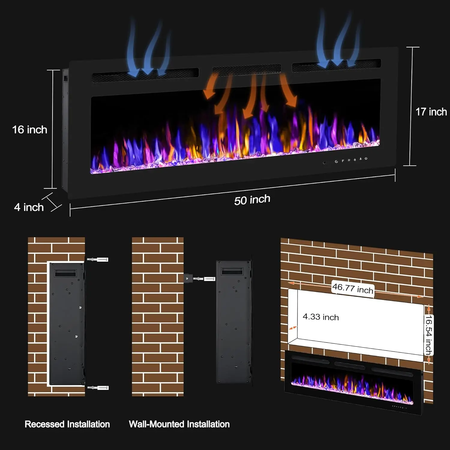 NEW-50" Electric Fireplace Wall Mounted and Recessed with Remote Control, 750/1500W Ultra-Thin Wall Fireplace Heater W/Timer