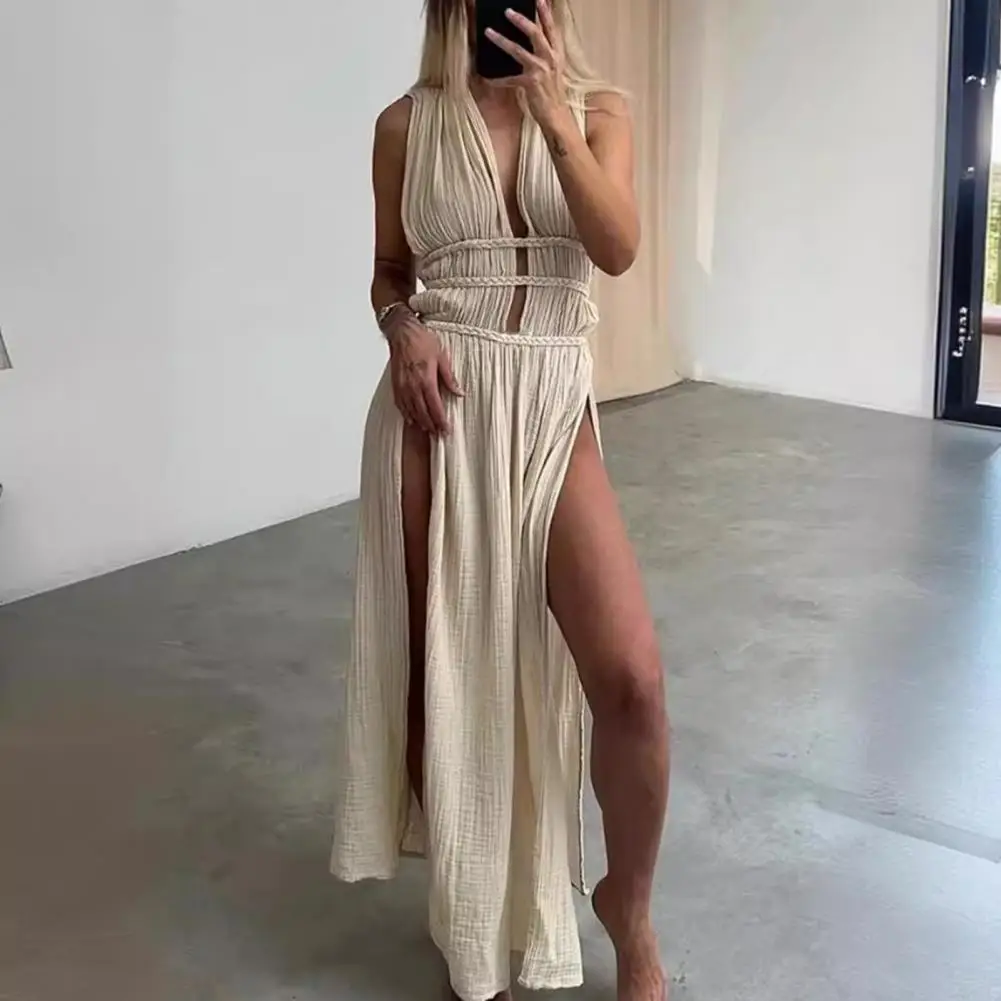 

Summer Long Dress Deep V Neck Sleeveless Lace-up Belted Waist Hollow Out Bohemian Style Pleated Split Vacation Beach Maxi Dress