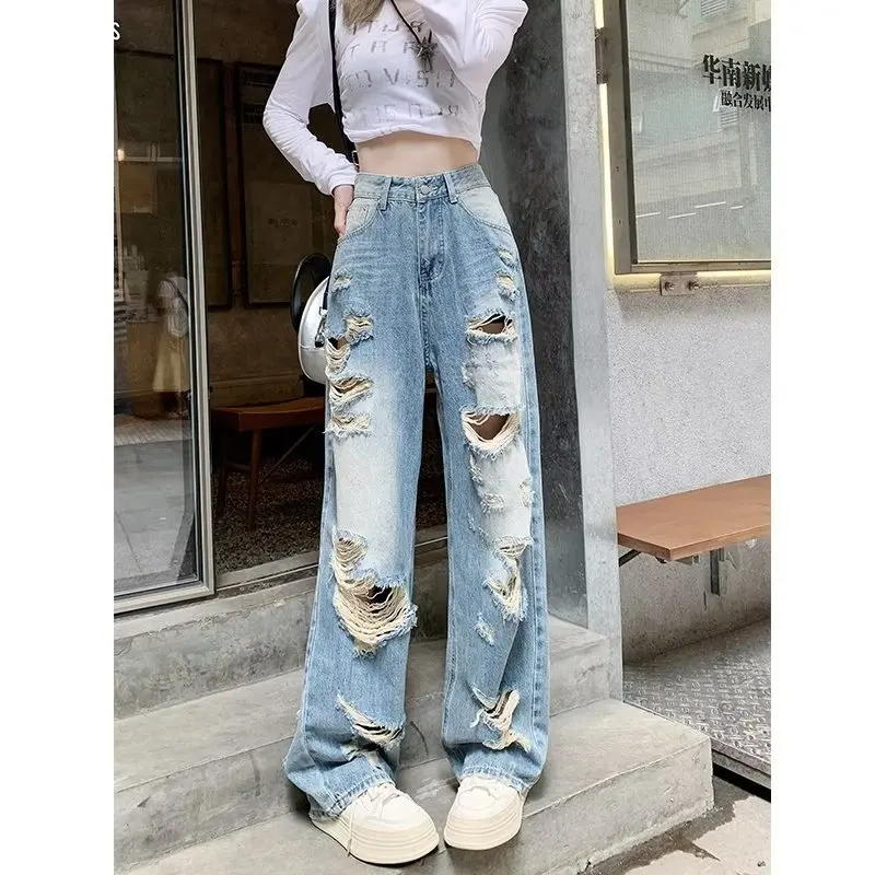 

American Retro Cargo Denim Pants Women Streetwear Trend Fashion Ripped Holes Jeans High-waisted Jeans Baggy Cowboy Trousers