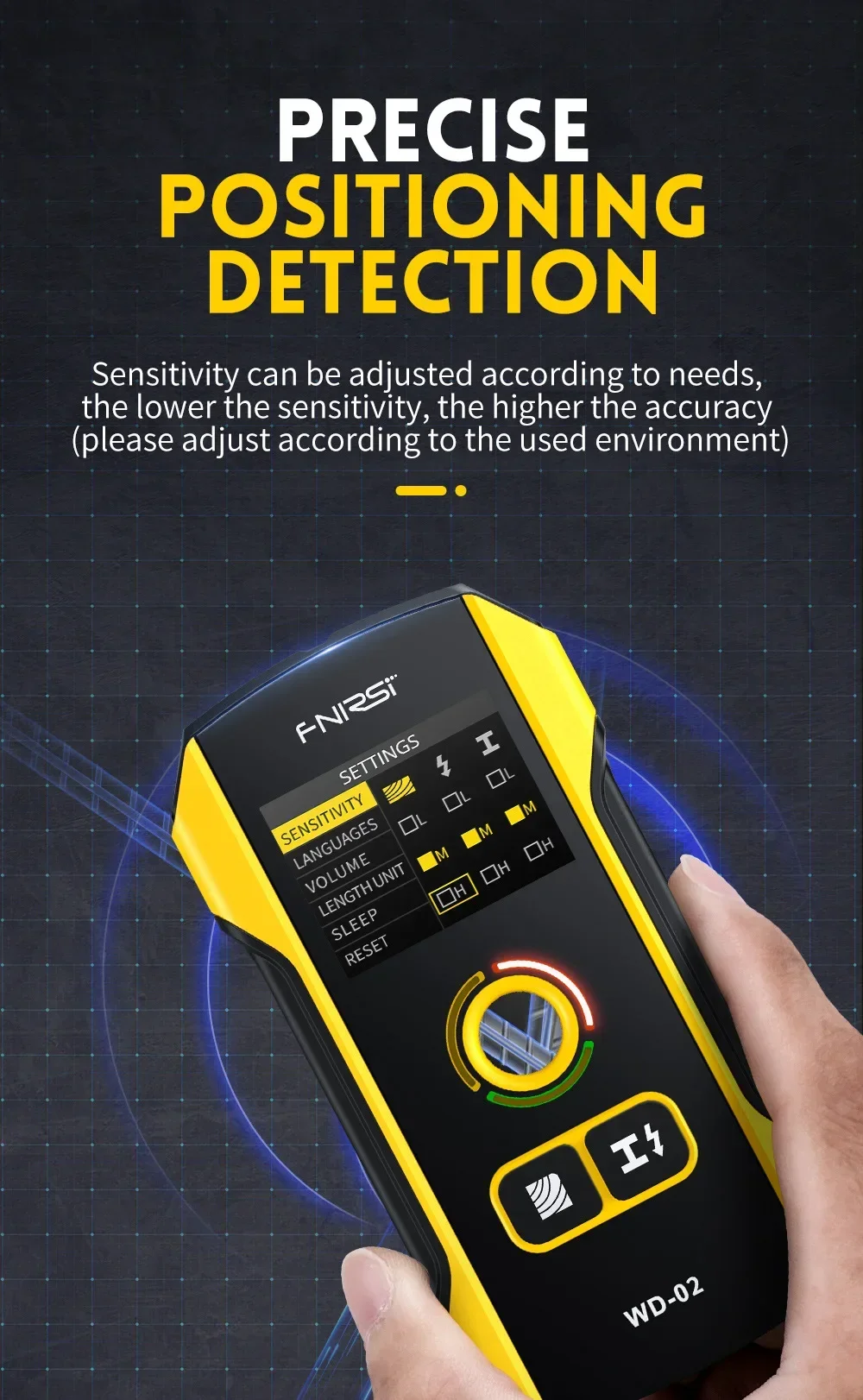 FNIRSI WD-02 Wall Detector Stud Finder New Design Positioning Hole TFT Display AC Live Cable Wires Metal Wood Stud Wall Scanner