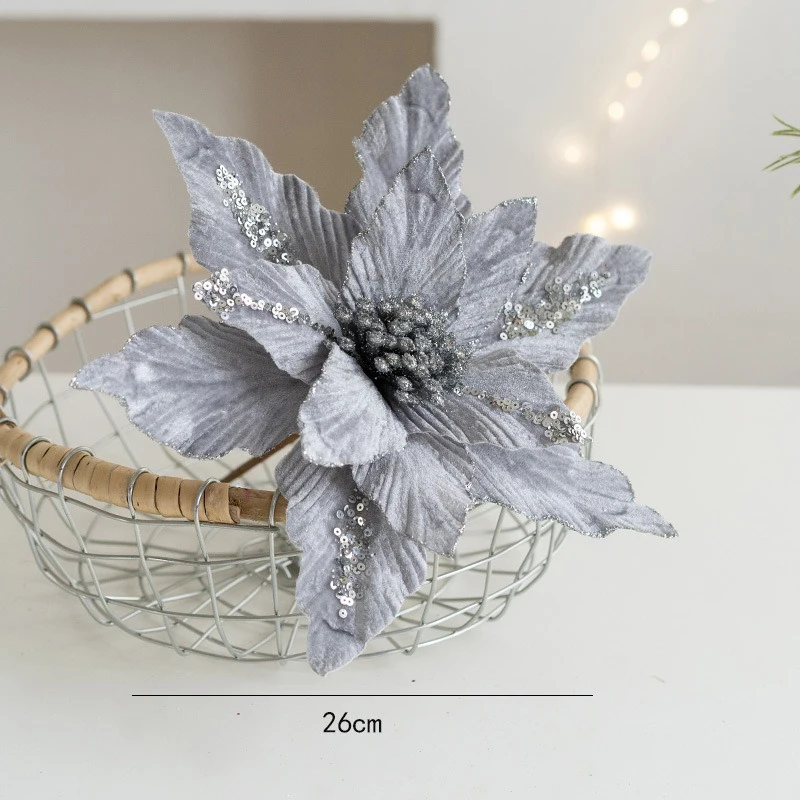 Hochwertige künstliche Weihnachts blume 26cm Samttuch mit Glitzer pulver gefälschte große Blumen kopf Weihnachten Neujahr Wohnkultur – Detail 10