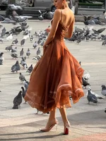 Robe de bal chic en mousseline pour femme, élégante, à fines bretelles, ourlet à volants, coupe trapèze, pour l'été 2026, idéale pour mariage et soirée 4