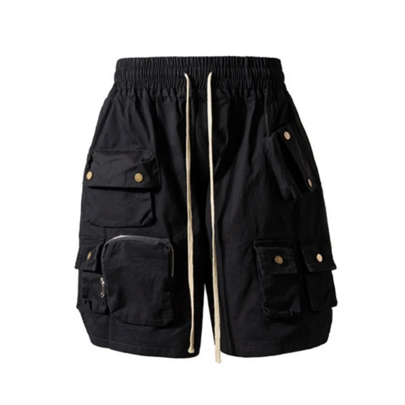 

2024 Summer New Men High Street Multi-pocket Tactical Cargo Shorts Y2K Elastic Waist Drawstring Techwear Pants pantalones cortos