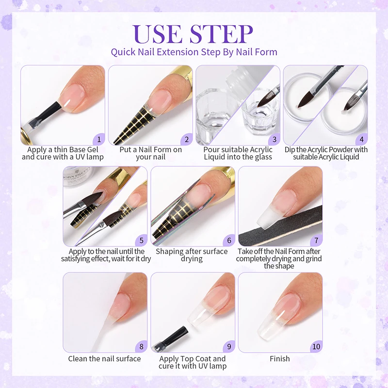 BORN PRETTY Acrylic Powder 30/10g Clear White Pink Acrylic Nail Professional Polymer for French Nail Extension No Need Lamp Cure 6