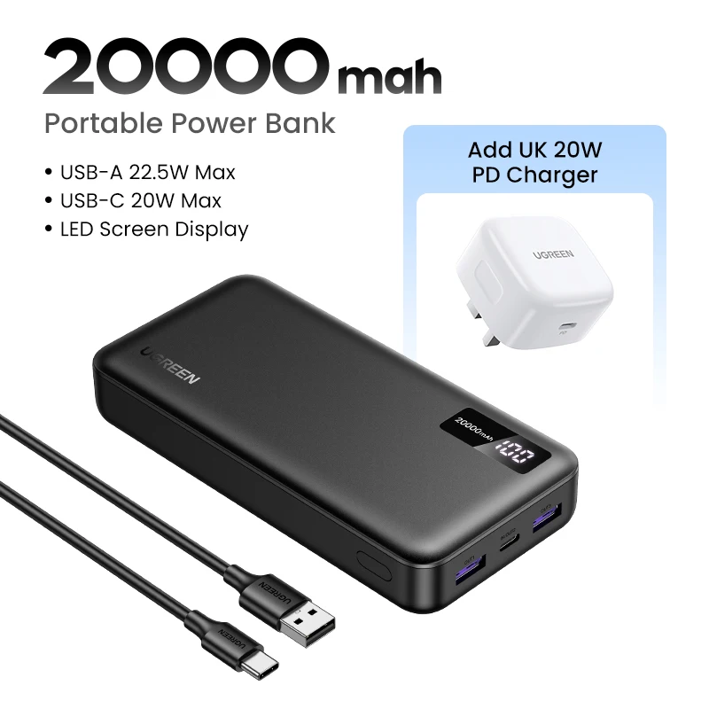 thumbnail image 1 of Banco de energía UGREEN 20000/10000mAh PD 20W, carga rápida, portátil, para iPhone 16, 15 Pro Max, batería externa para teléfono Xiaomi, 1 of 5