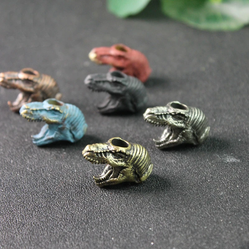 Jurassic Tyrannosaurus Rex Head Brass Knife Beads Dinosaur EDC Outdoor DIY Paracord Woven Lanyard Keychain Pendants Tool Jewelry