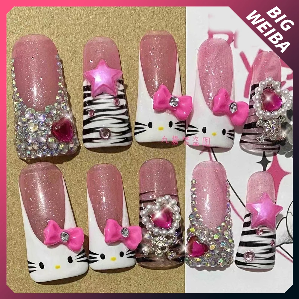 HelloKitty Duck Web Nails Y2K Spicy Girl Long Coffin Customizable Handwork Nail Art Rhinestone Pink Sweet Full Coverage Manicure