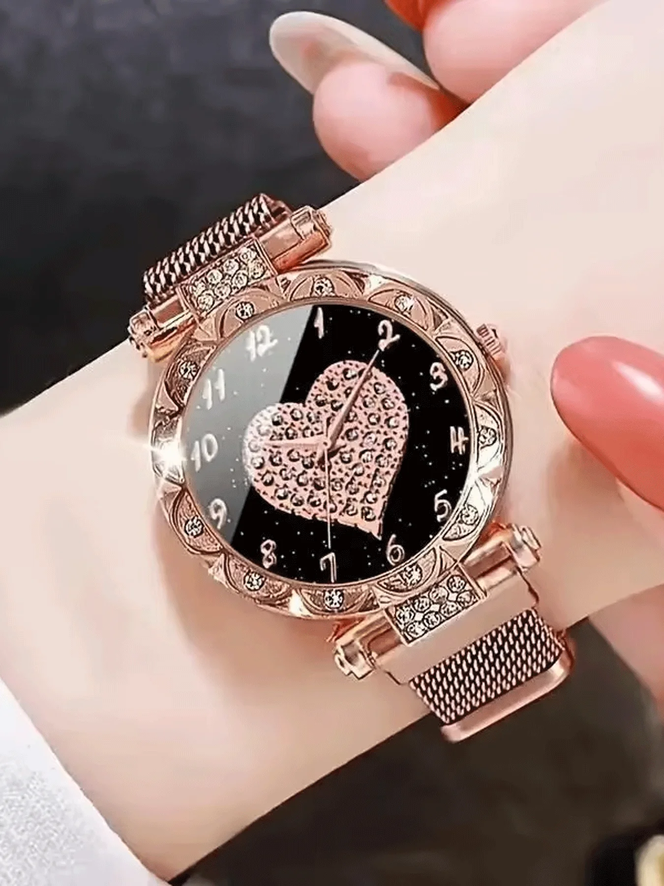 2pcs/set Women's Luxury Rhinestone Star Quartz Watch Rose Golden Fashion Analog Wrist Watch & Star Bangle, Gift For Mom Her