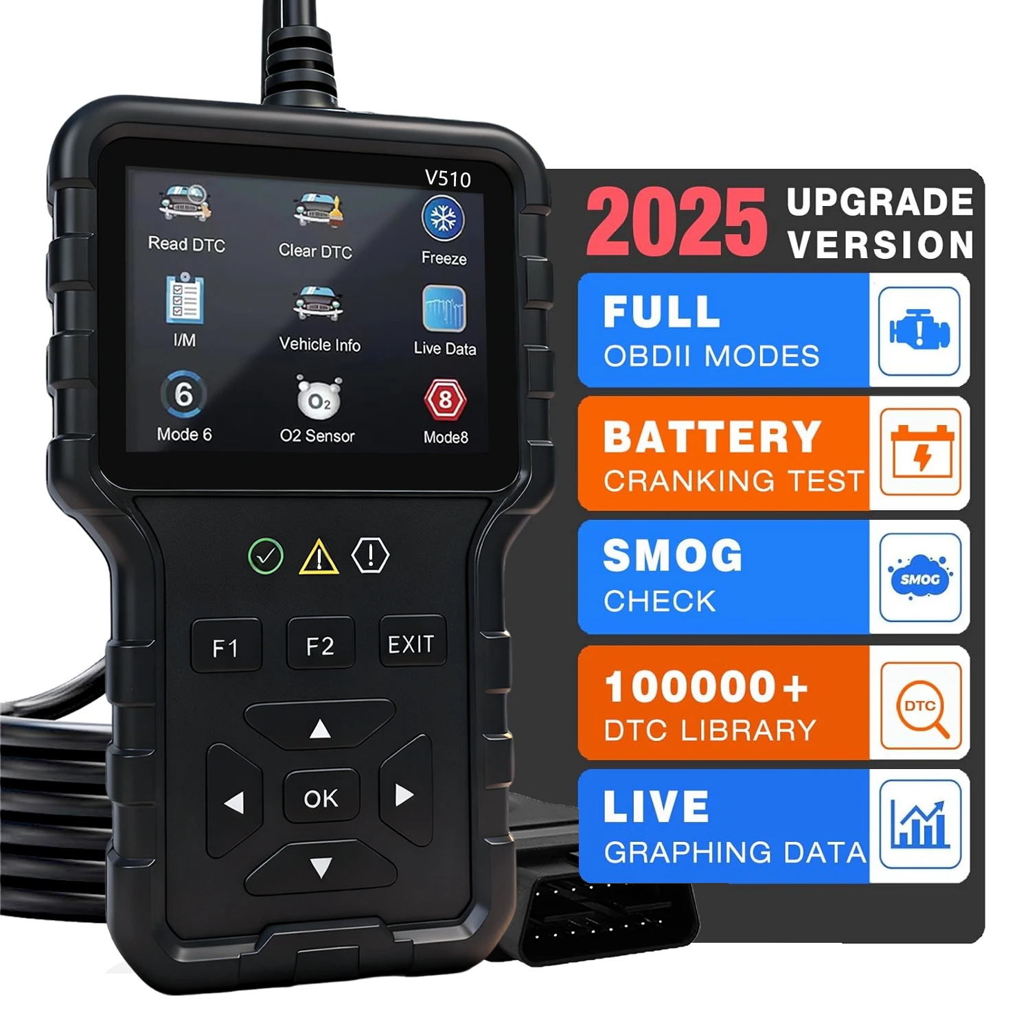 2025년 신모델, 8개 언어 지원, 전문 OBD2 자동차 진단 도구, 제조사 직송, V510 전문 코드 리더 및 스캔 도구, 오류 코드 삭제, 실시간 데이터 스트림, 엔진 오류 코드 판독 및 리셋 도구, 강력하고 현대적인 디자인, 견고한 구조, 배터리 필요 없음
