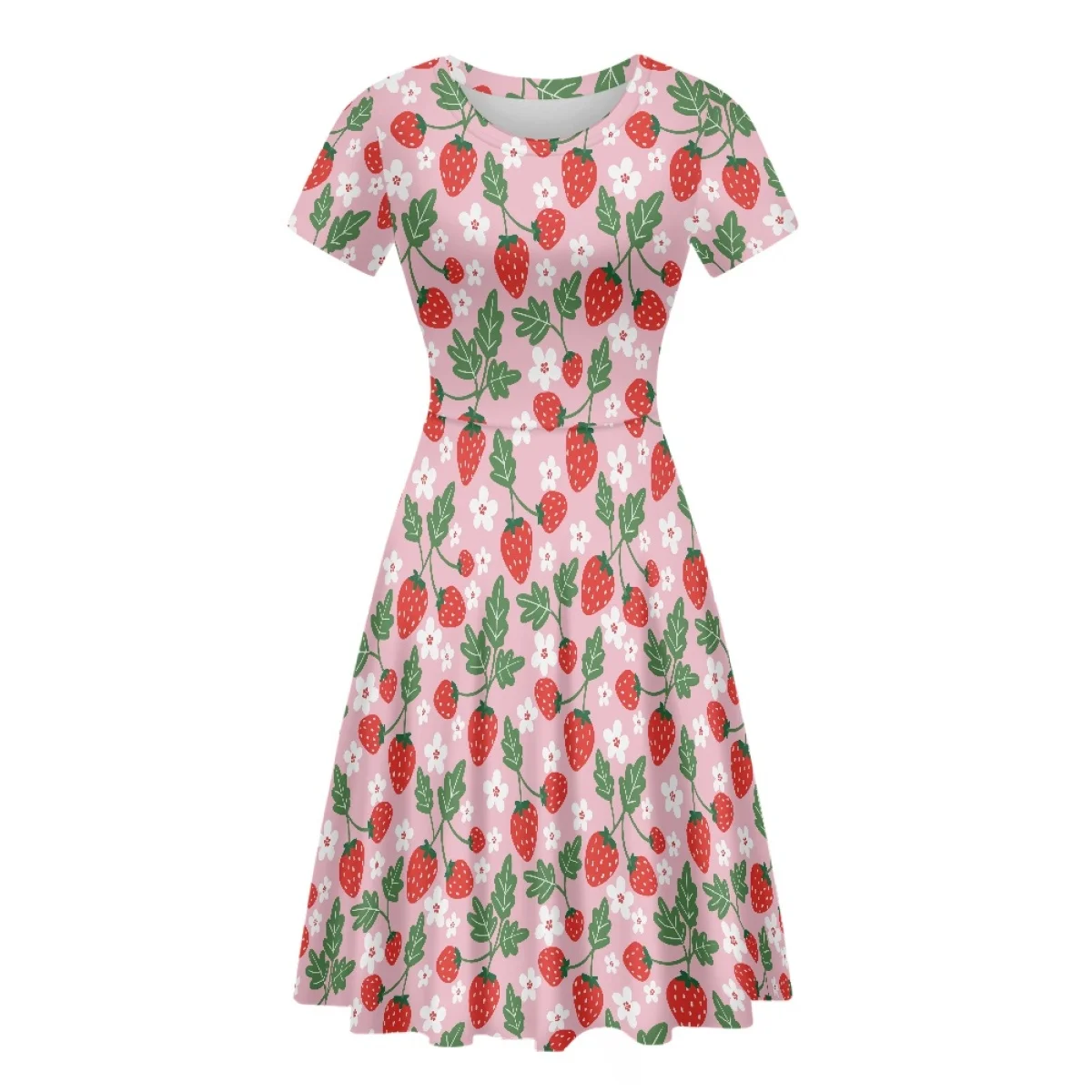 

HYCOOL Women Puffy Swing Elegant Party Midi Dresses Strawberry Print Short Sleeve Round Neck A-Line Dress For Summer 2023