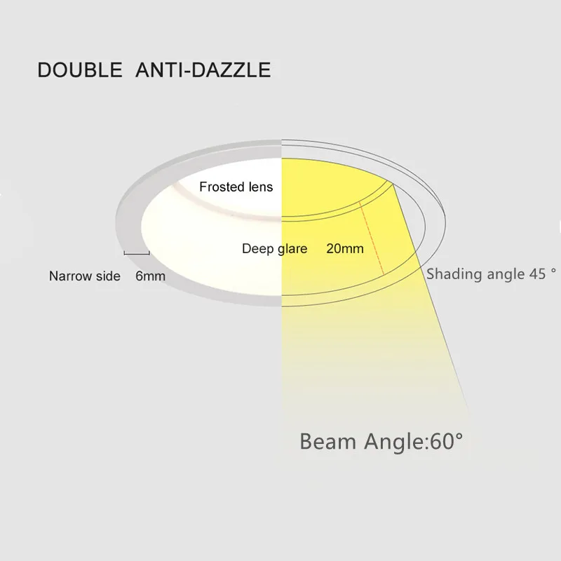 Beam Angle 60 Degree Recessed LED Downlight 24W20W/18W15W/12W9W7W Dimmable Deep Glare LED Ceiling Lamp Spot Light