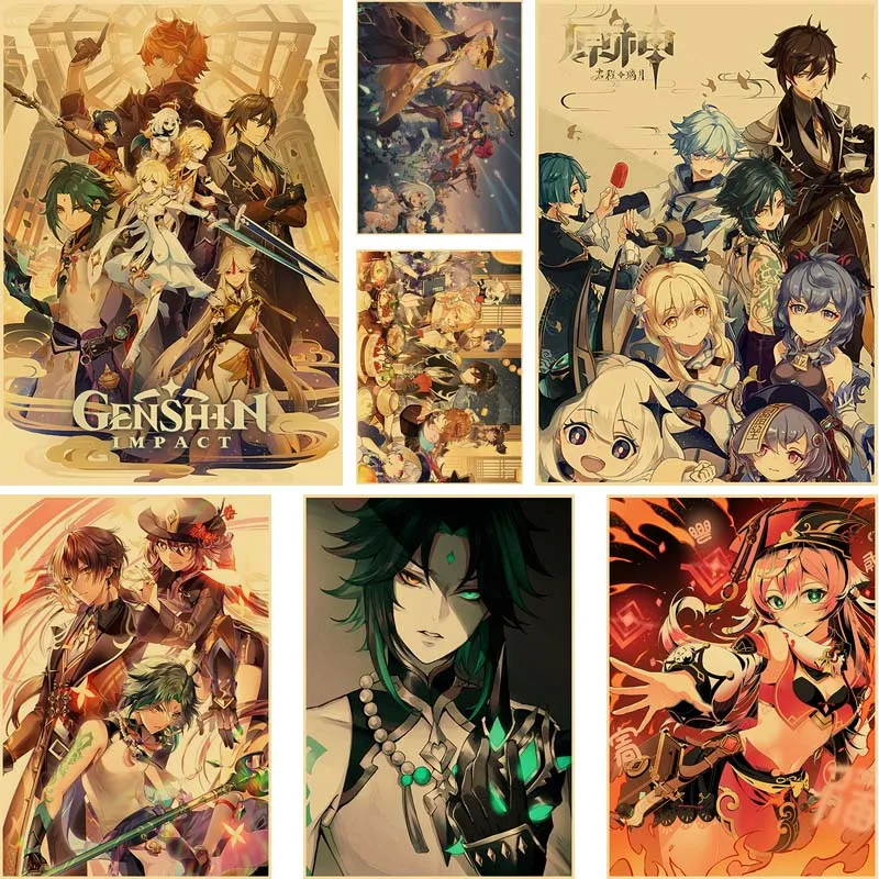 

Genshin Impact Anime Electronic Games Posters Kraft Paper Poster Wall Art for Home Living Room Decoration Paintings Bar Decor