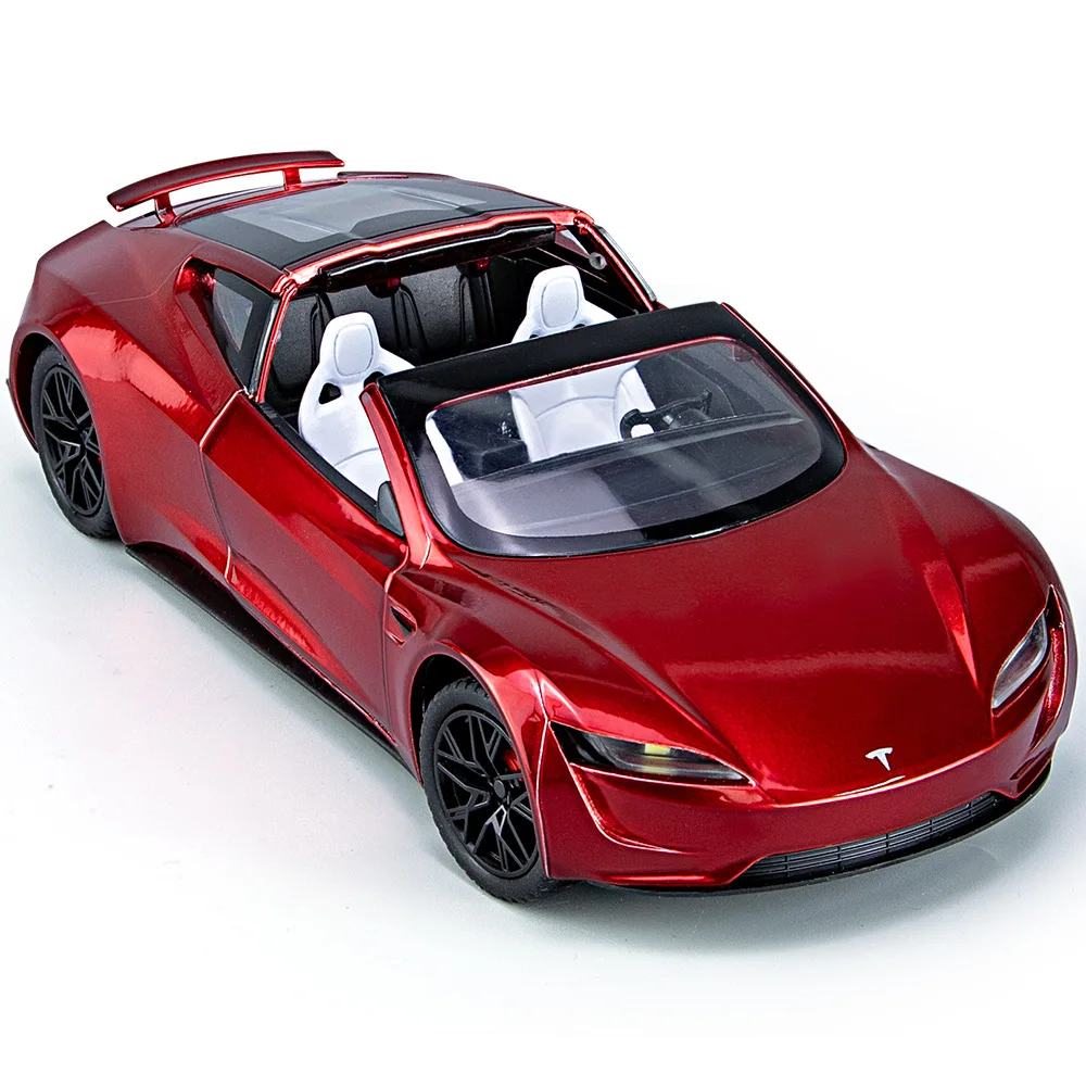 1:24 Scale Diecast Electric Sport Car Tesla Roadster New Energy Vehicle Metal Model With Light And Sound Pull Back Alloy Toy