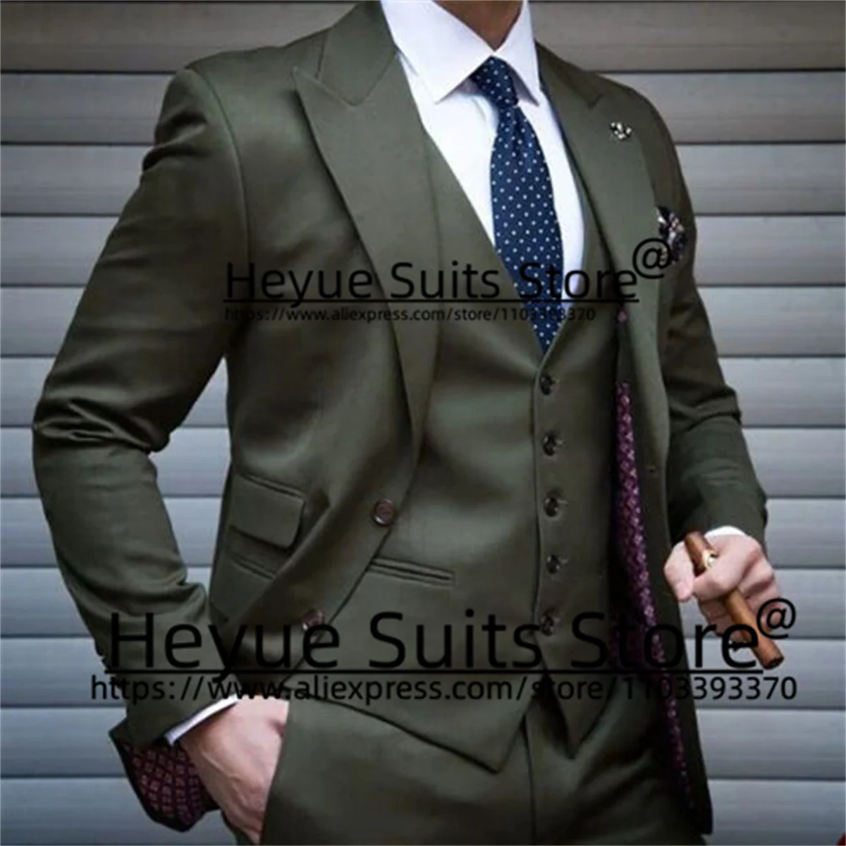 Army Green Business Men Suits Slim Fit Peak Lapel Groom Formal Tuxedos Prom 2 Pieces Sets Business Male Blazer Costume Homme
