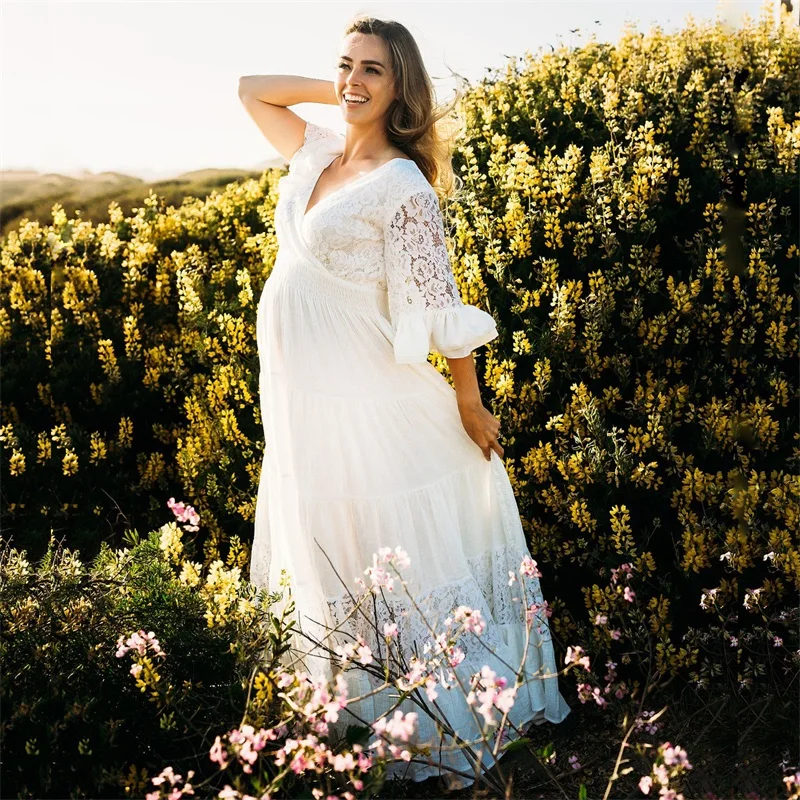 

Lace Chiffon Maternity Robes Full Sleeves Photoshoot Pregnant Bathrobe Evening Dress Photograph V Neck Party Prom Sleepwear