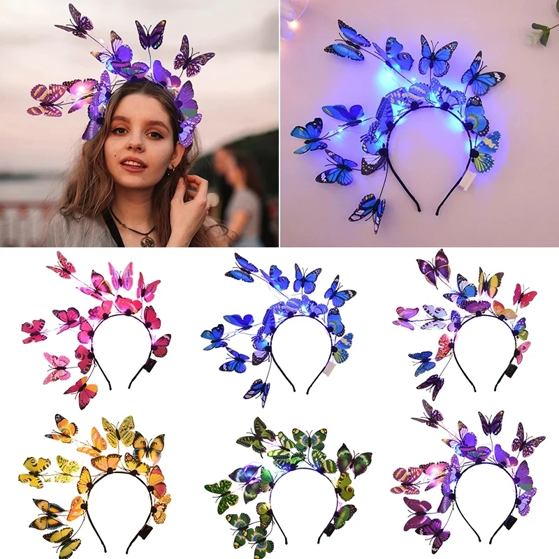 Leuchtendes LED-Licht-Schmetterlings-Fascinator-Stirnband, böhmisches Haarband, Reifen, bunter Kopfschmuck für Party, Hochzeit, Weihnachtsdekoration – Detail 4
