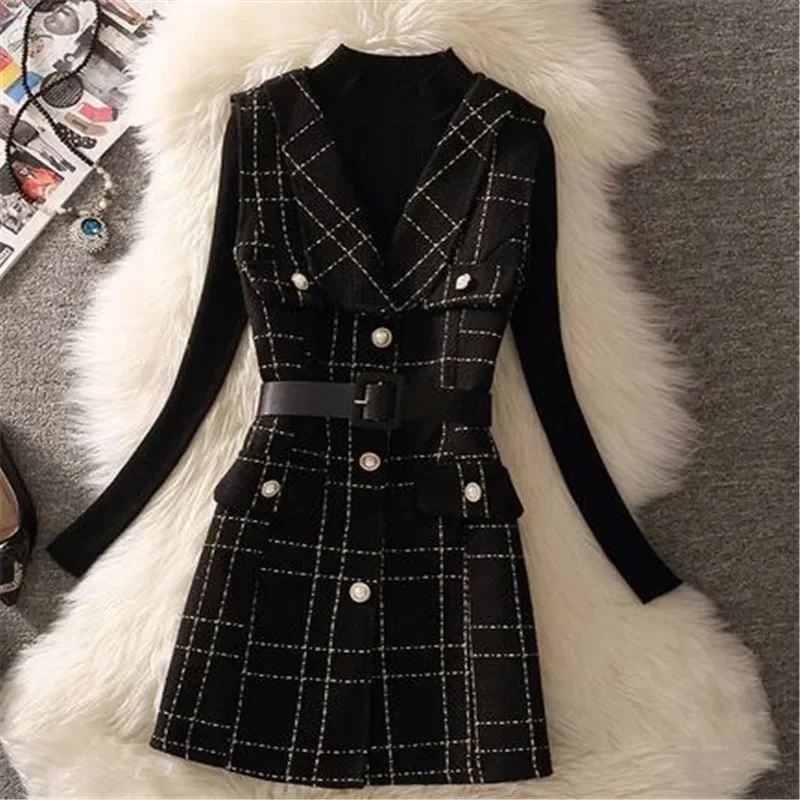 

Vintage Mid-Length 75cm Plaid Tweed Vest Jacket Women 2 Piece Set Elegant Pearl Button Belted Unlined Waistcoat And Knit Sweater