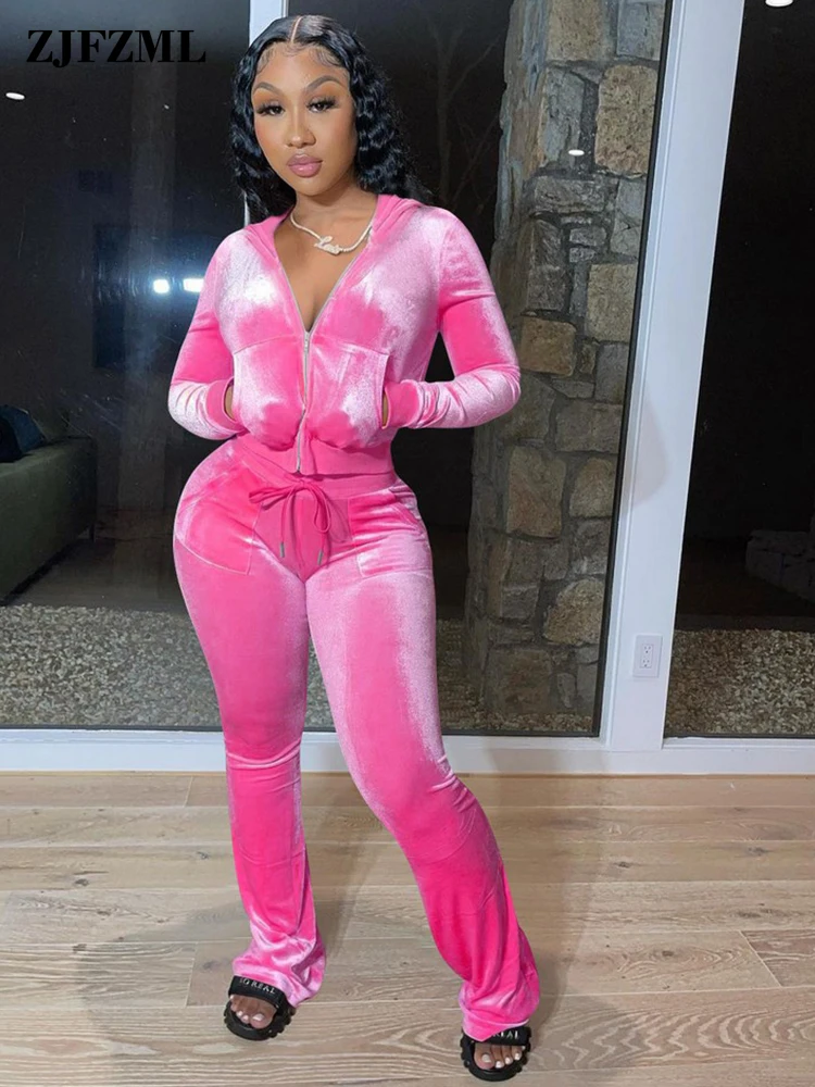 

Velvet Bodycon Two Piece Tracksuits For Women Activewear Zip Up Short Hoodies + Drawstring Waist Flare Long Pants Matching Sets