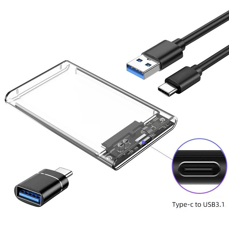 2.5 inch USB C Hard Drive Enclosure USB 3.1 to SATA III 6Gbps Clear External Hard Drive Case for 7mm 9.5mm 2.5 inch SATA SSD HDD