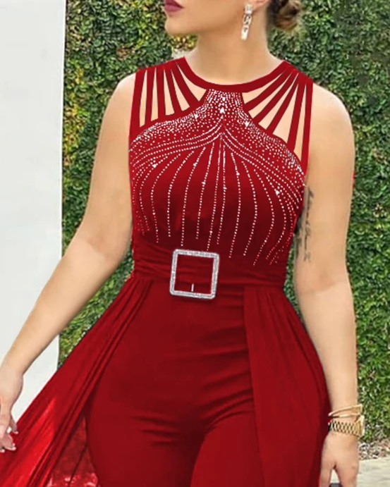 Women Jumpsuit 2024 Summer Rhinestone Hollow Out Sheer Mesh Sleeveless Jumpsuit Round Neck High Waisted Skinny Belt Jumpsuit