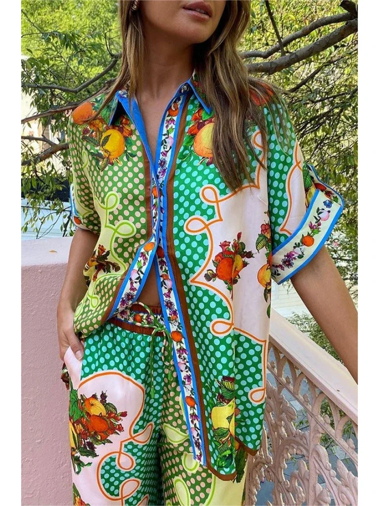 2024 New Patchwork Print Loose Two-piece Women's Casual Short-sleeved Shirt Pant Suit Summer Beach Wear