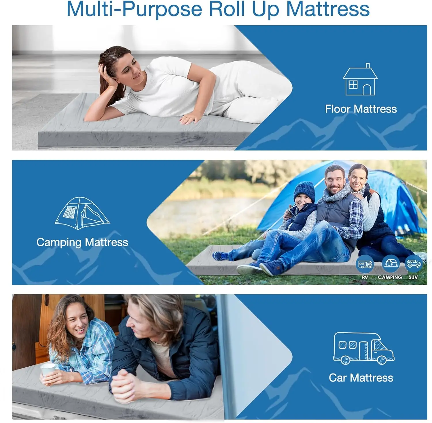 Memory Foam Camping Mattress, Portable Roll Up Travel Car Camping Mattress Sleeping Pad & Floor Mattress, C