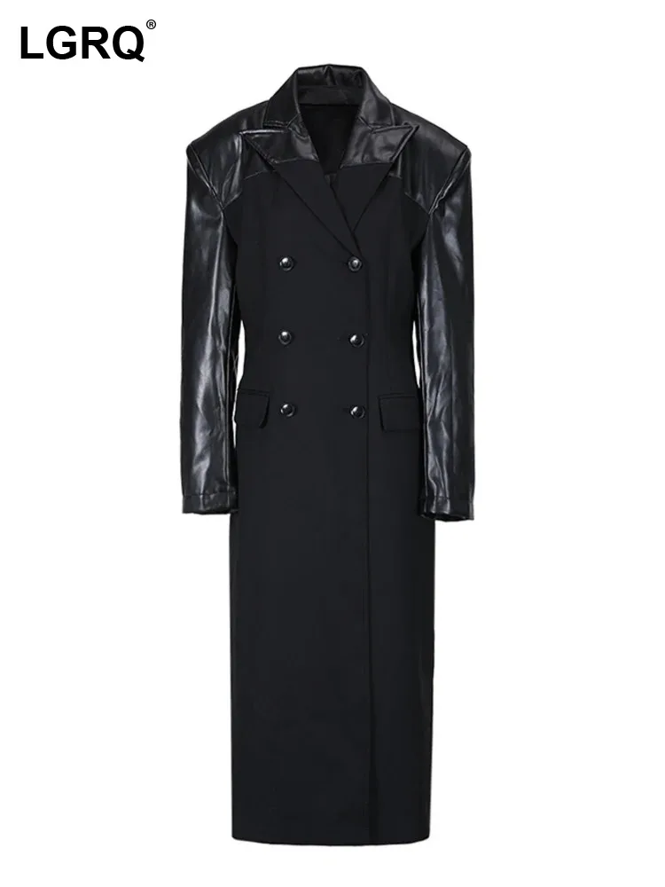 

LGRQ Notched Breasted Coat Fashion Collar Double Women's Trench Long Sleeve PU Leater Spliced Windbreaker Autumn 2023 New CP2227
