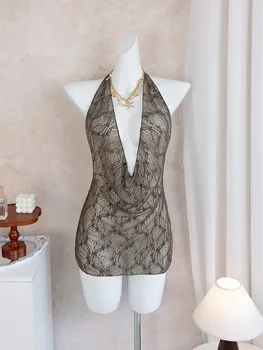 Women's Casual  Beach Cover Ups Brown Deep V Neck Pleate Lace Short Dress Spring & Fall Vacation Sun Protection Smock 1