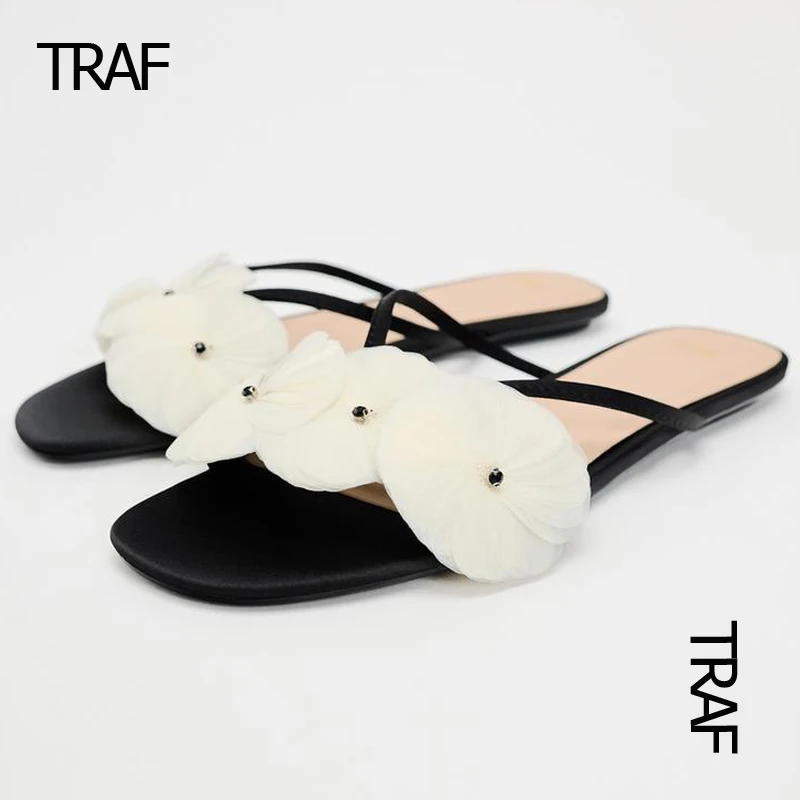 

TRAF Floral Flat Sandals Women 2024 Elegant Summer Flowers Rhinestones Women's Sandals Slippers Flat Slingback Shoes