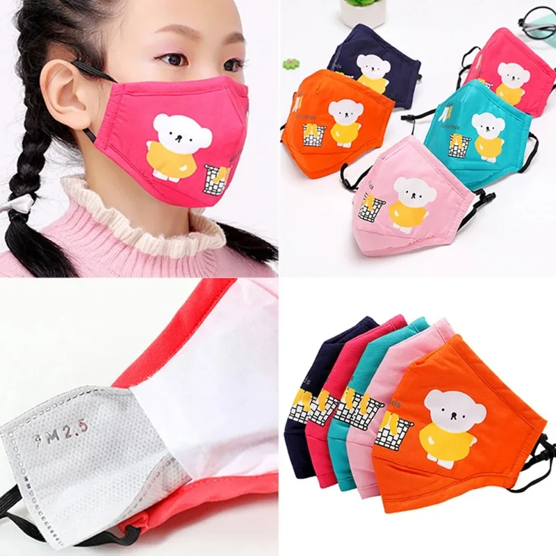 Children's Cartoon Bear Cotton Face Mask with PM2.5 Dust Protection and Reusable Activated Carbon Filter
