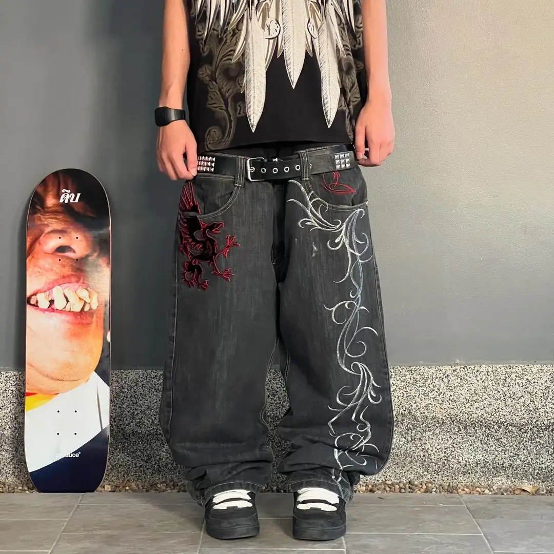 Y2K New Street Harajuku Pattern Jeans Black Baggy Jeans Hip Hop Retro Style Denim Pants Men's and Women's High Waist Wide Pants 2