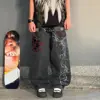 Y2K New Street Harajuku Pattern Jeans Black Baggy Jeans Hip Hop Retro Style Denim Pants Men's and Women's High Waist Wide Pants 2