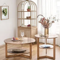 Wood Round Coffee Table for Living Room, 2 Tier Circle Coffee Table with Storage, Rustic Natural Coffee Table for Apartment, Eas 1