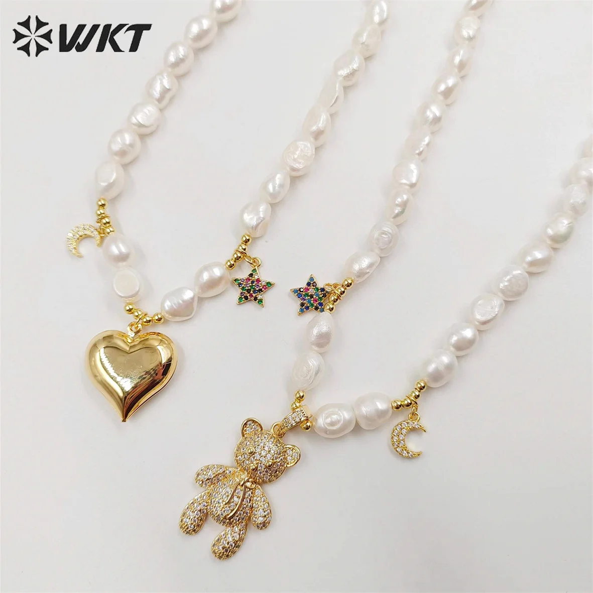 WT-JN231 WKT 2023 fashion sale freshwater pearl cute style with heart and bear shape 16inch extend 2inch necklace women wedding