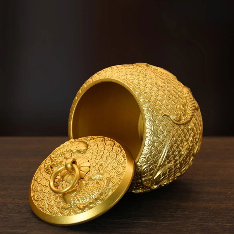 Chinese Brass Carp Pattern Sealed Tea Can Portable Travel Mini Storage Home Furnishings Office Tabletop Decor Copper Tea Box 1Pc