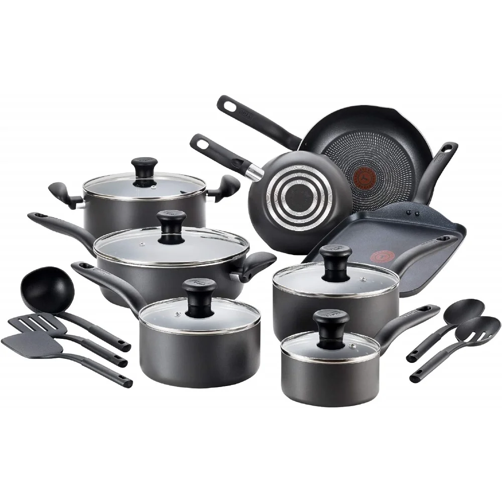 

T-fal Initiatives Nonstick Cookware Set 18 Piece Pots and Pans, Dishwasher Safe Black induction cookware set