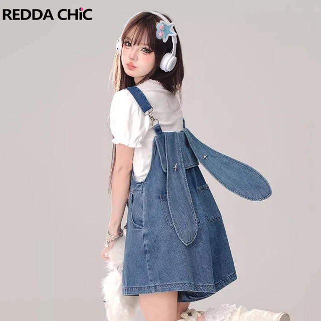 REDDACHiC Denim Blue Bunny Ears Rompers Women Star Rivets Sleeveless Wide Leg Solid Casual Overall Shorts Jumpsuit Streetwear
