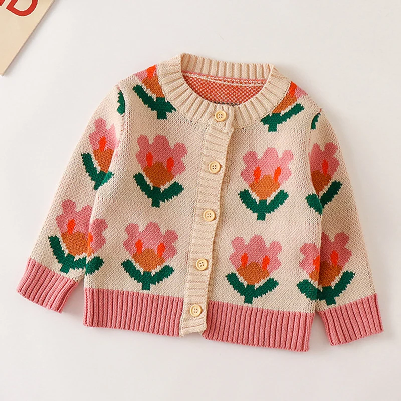 가을 겨울  여아 의류 세트, 세트 긴 소매 꽃 프린트 니트 가디건 + 점프수트 아동복