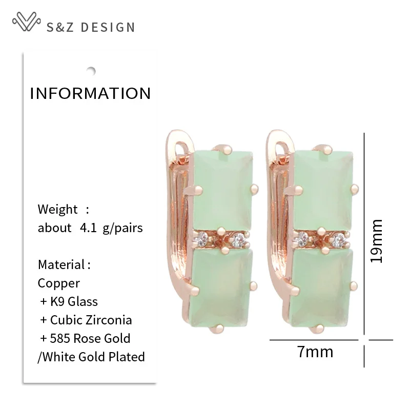 S&Z DESIGN New Fashion 585 Rose Gold Color Rectangle Crystal Drop Earrings For Women Wedding Jewelry Cubic Zirconia Eardrop