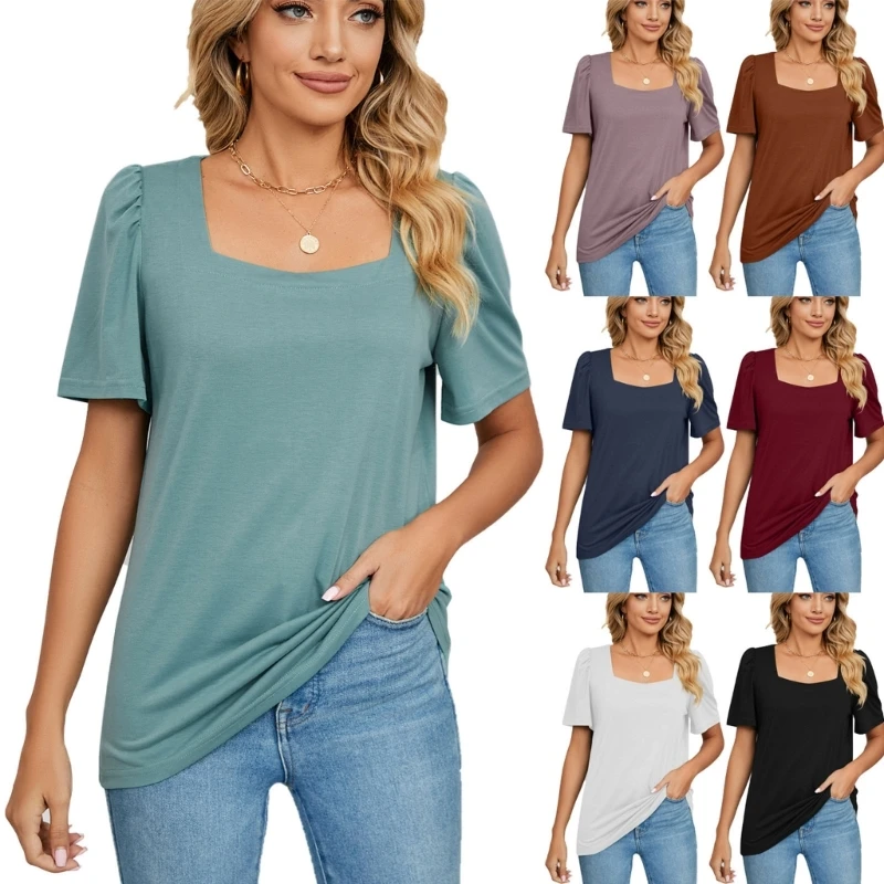 

Womens Casual Summer Short Sleeve Square Neck Shirts Puff Sleeve T-Shirts Solid Color Casual Loose Fit Blouses Tunic Top Y1QD