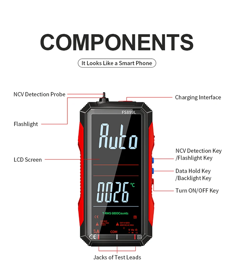 Multimètre numérique écran LCD couleur 4,8 pouces automatique rechargeable