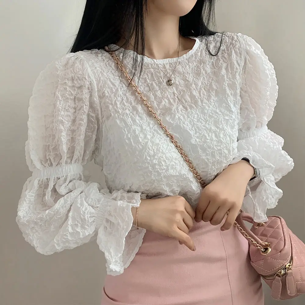 Women Summer White Black Lantern Sleeve Blouse