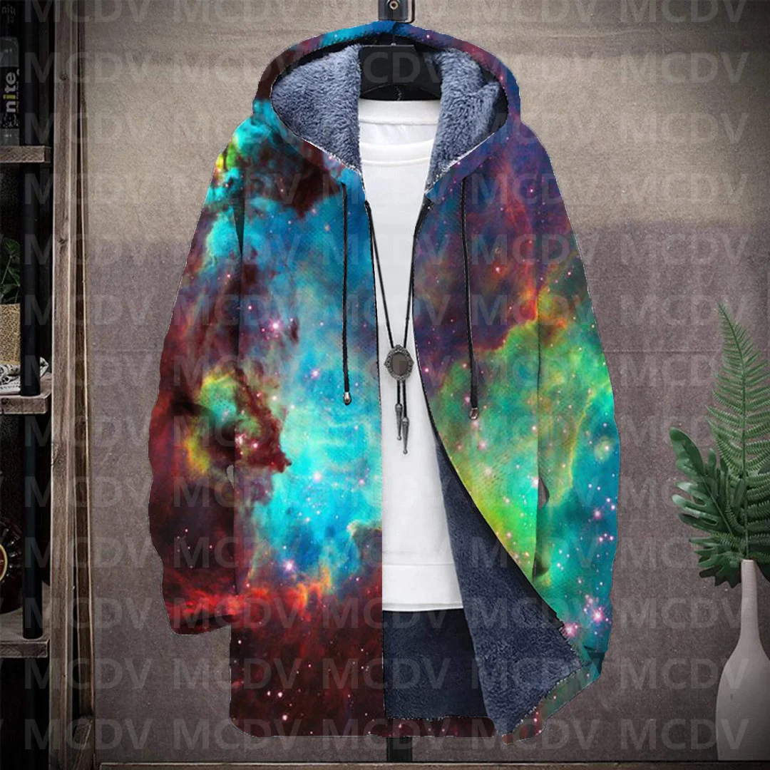 

Men's Plush Thick Long-Sleeved Coat Cardigan Galaxy 3D Prined Fleece Hooded Overcoat Unisex Thick Warm Jacket