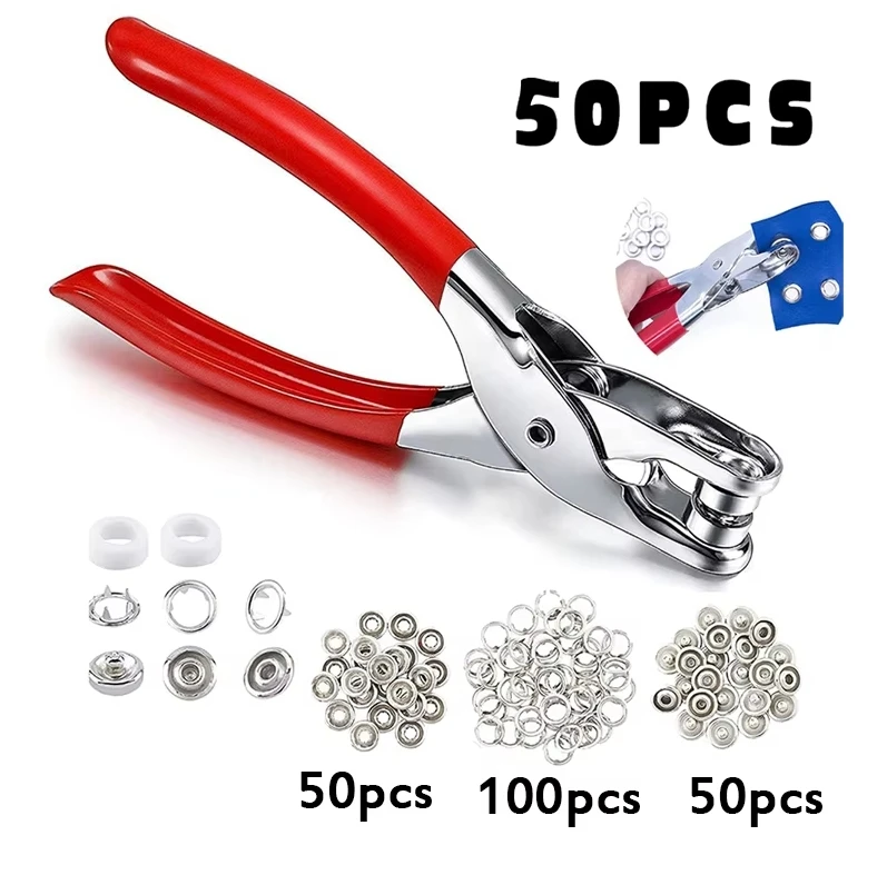 Juego de 50 alicates de cinco mordazas de 9,5 mm para hebillas, herramientas para manualidades, costura, botones a presión de metal macizo hueco, accesorios de instalación de ropa