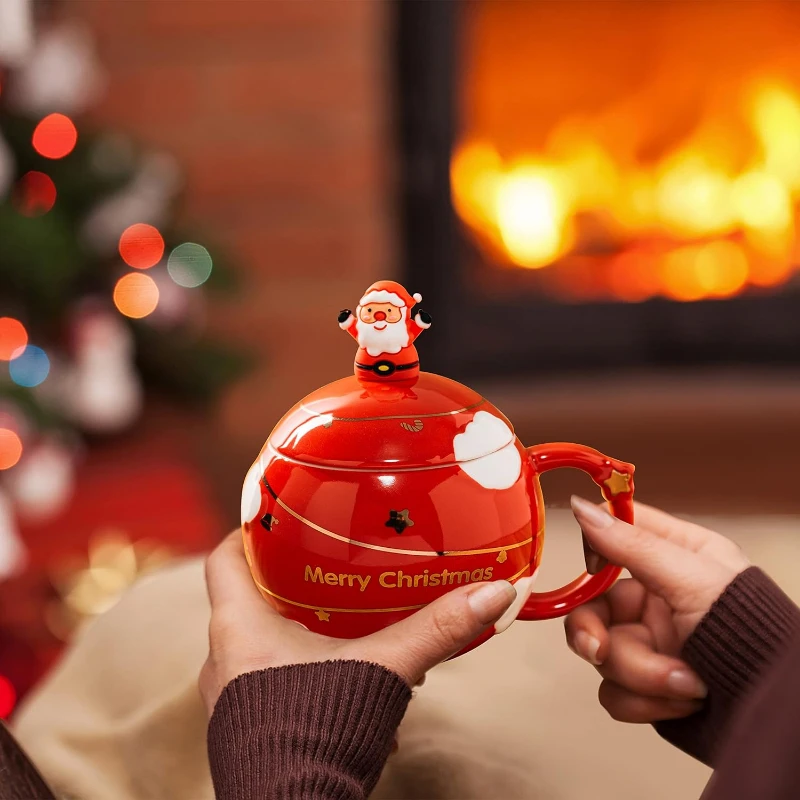 Creative cartoon Santa Claus spherical water cup with lid spoon mug Blue/Red household large-capacity ceramic cup Christmas cups