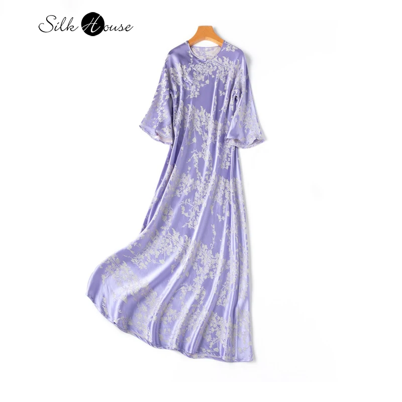 

2024 Women's Fashion Spring New Slanted Cut Improved Qipao 50%Natural Mulberry Silk GuanLe Satin Relief Slim Fit Long Dress