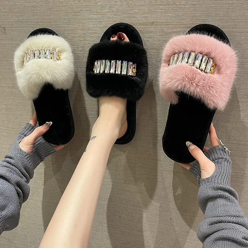 

Winter Women Furry Slippers Soft Plush Faux Fur Floor Shoes Indoor Ladies Warm Home Slippers Open Toe Fluffy House Slides