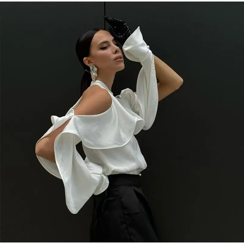Elegant White Ruffle Halter Shirts Women Vintage Loose Hollow Out Single Breasted Blouses Female Autumn Chic High Street Tops